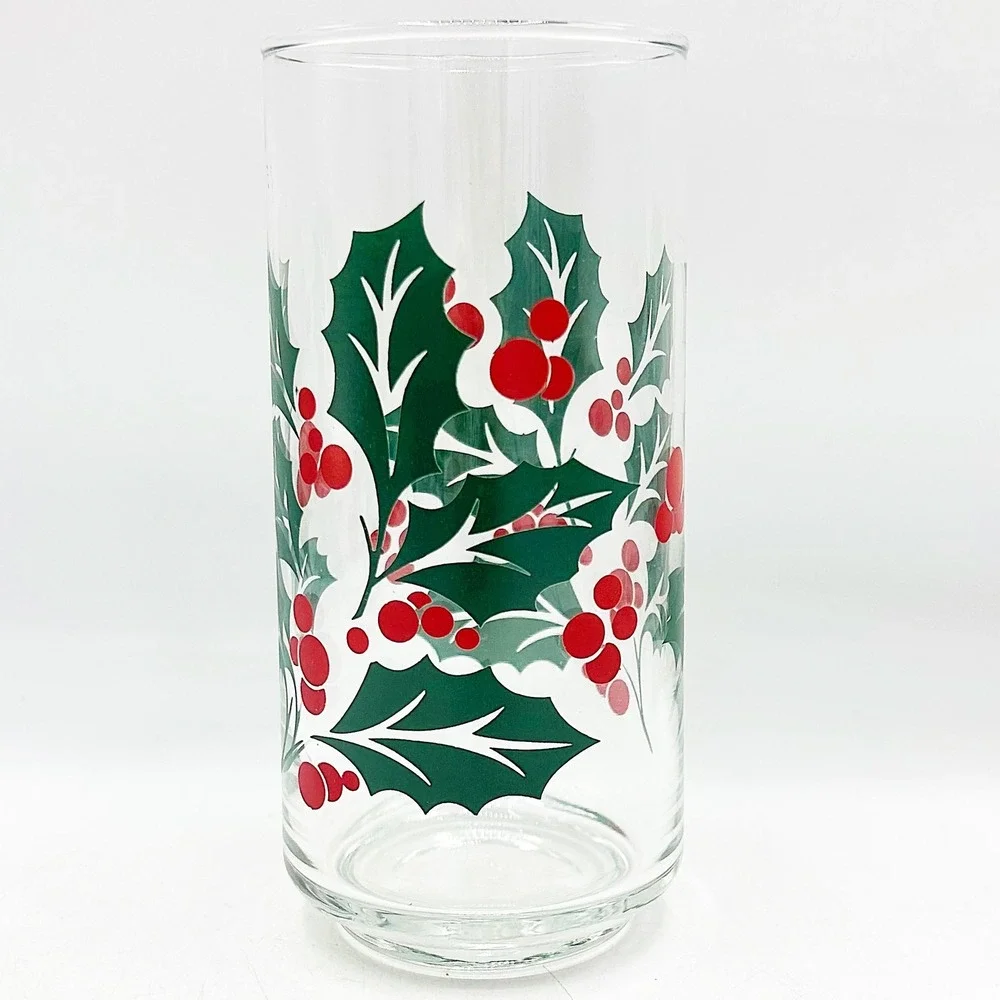 Vintage‎ Christmas Holly Berry Clear Glass Tumbler